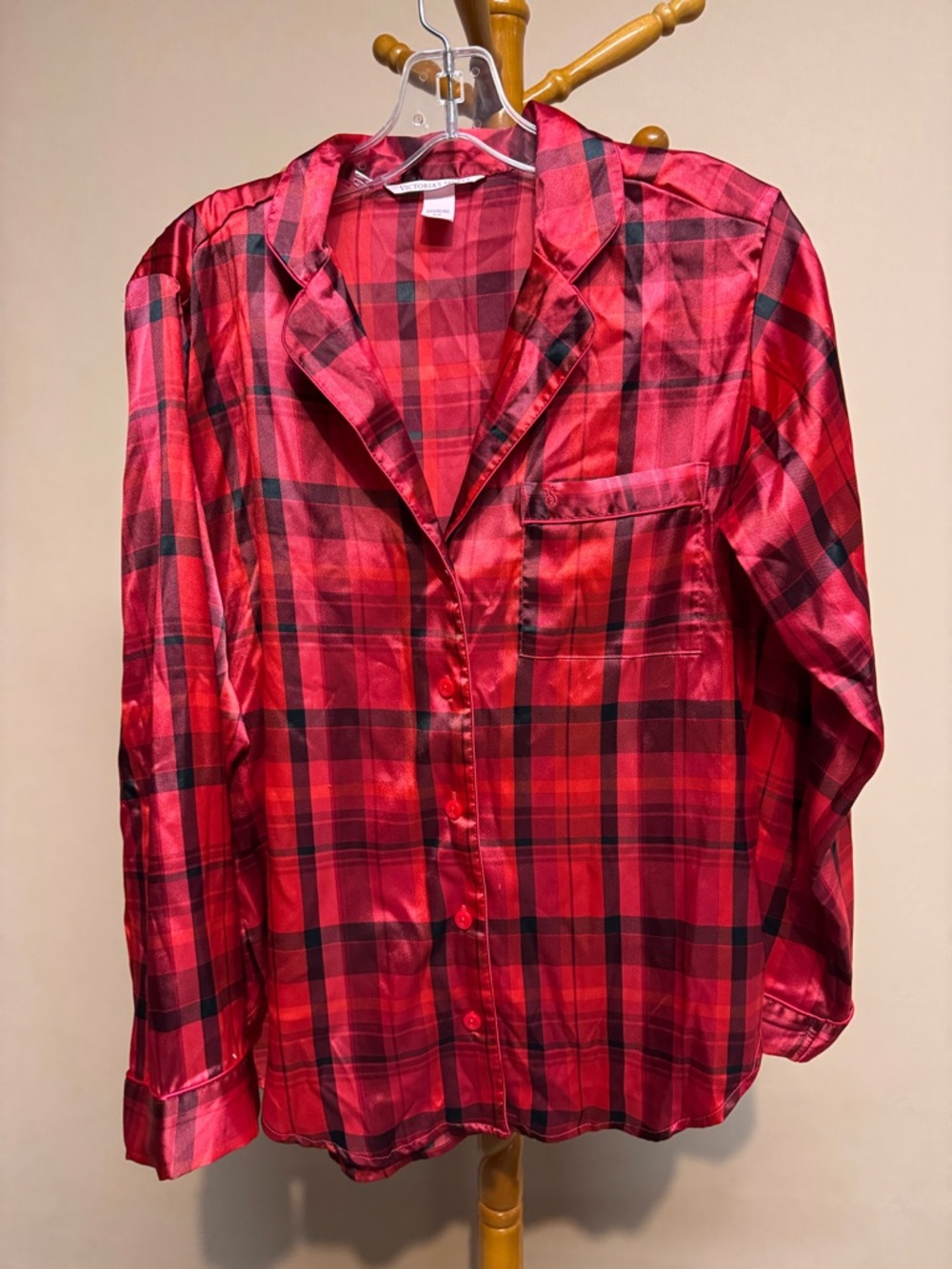 Victoria's Secret Red and Black Plaid Silky Pajama Set. Size Small